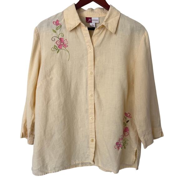 JM Collection by Jennifer Moore 100% Linen Embroidered Button Up Shirt Size 12 - Picture 1 of 5